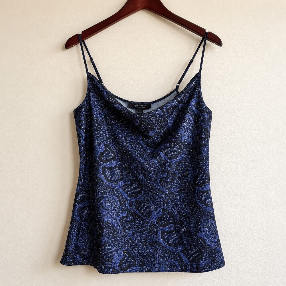 AllSaints Hadley Tamora Cowl Neck Snake Print Camisole NYE Top Blue US 6 NWT
